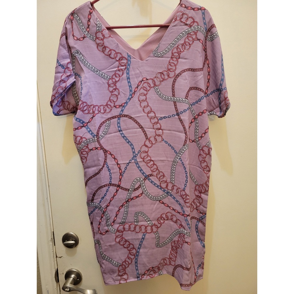 MTS Lilac Chain Print V-Neck Shift Mini Dress Made in USA D1237 Small